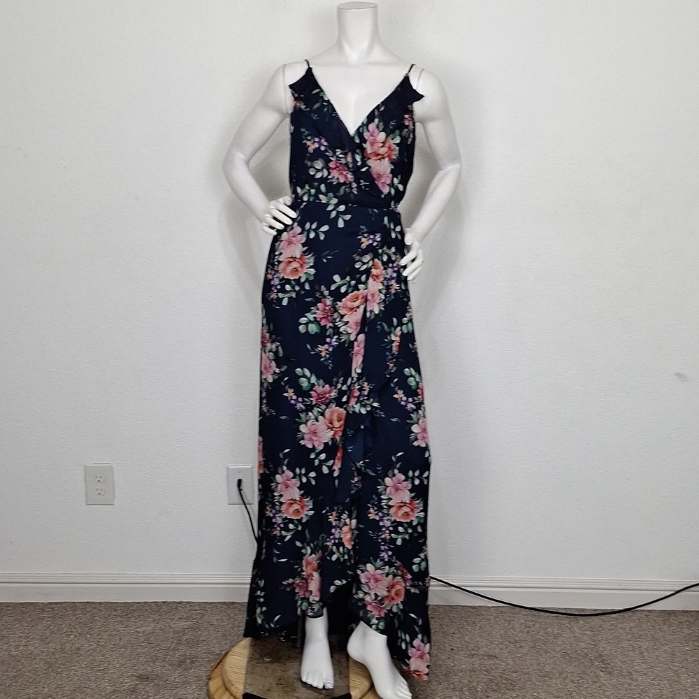 Yumi Kim Navy Floral Multicolor Feminine Romantic Boho Maxi Wrap Dress Size XL